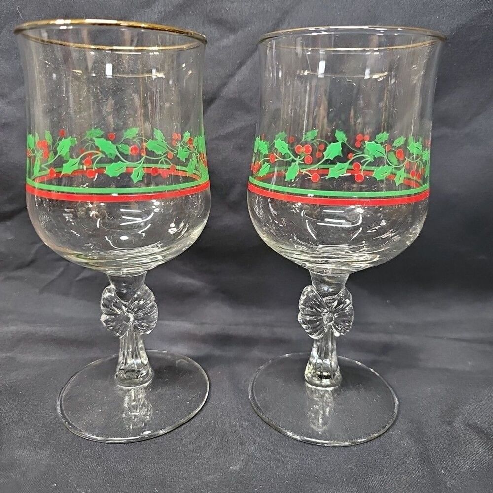 Set Of 2 Arbys Libbey Vtg Water Goblets/Wine Glass Holiday Holly Leaf Gold Rim